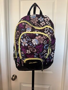 Fuel Purple Floral Peace Sign Backpack with Yellow Trim